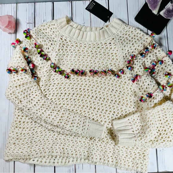 Blogger’s fav Haute Rogue Kelly Pom Pom Crocheted Sweater Sz M | NWT - Picture 2 of 11